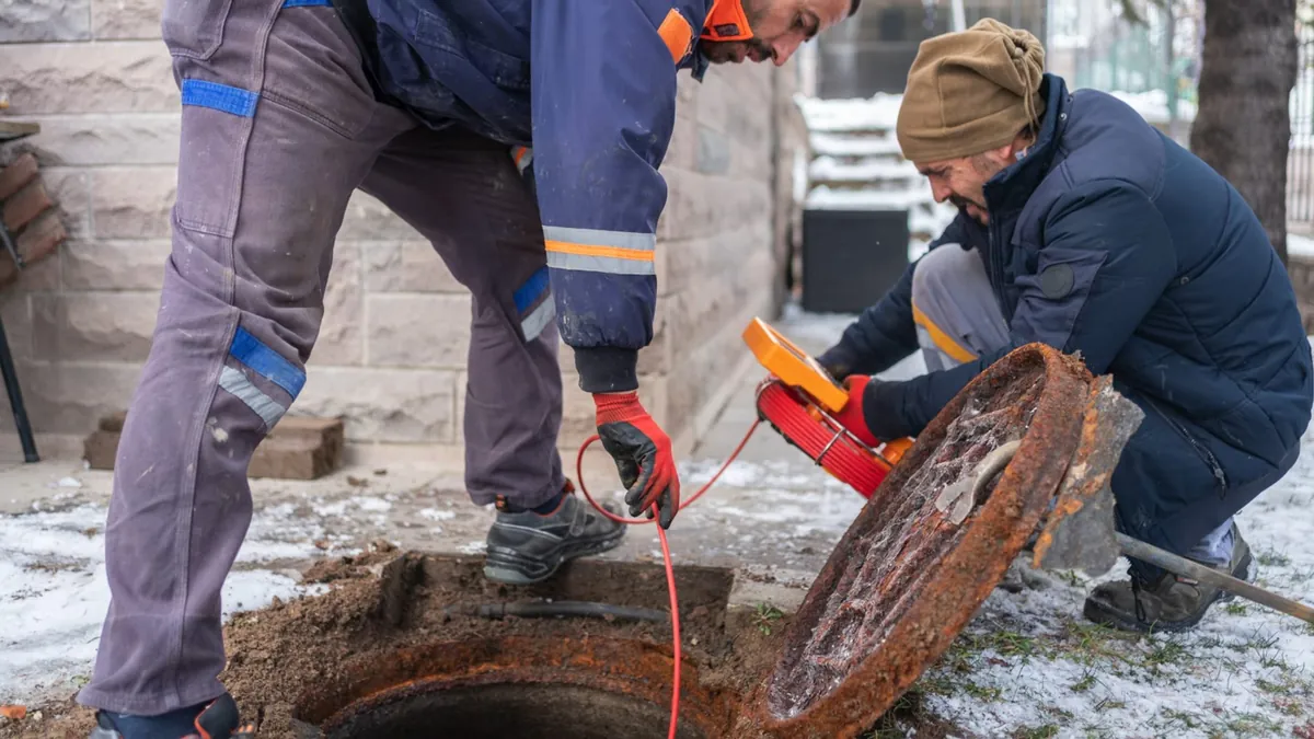 Technicians inspecting an open sewer manhole for hydro jetting in Laguna Niguel