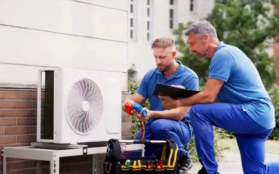 Two technicians testing sewer repair equipment outdoors for residential plumbing service in Dana Point