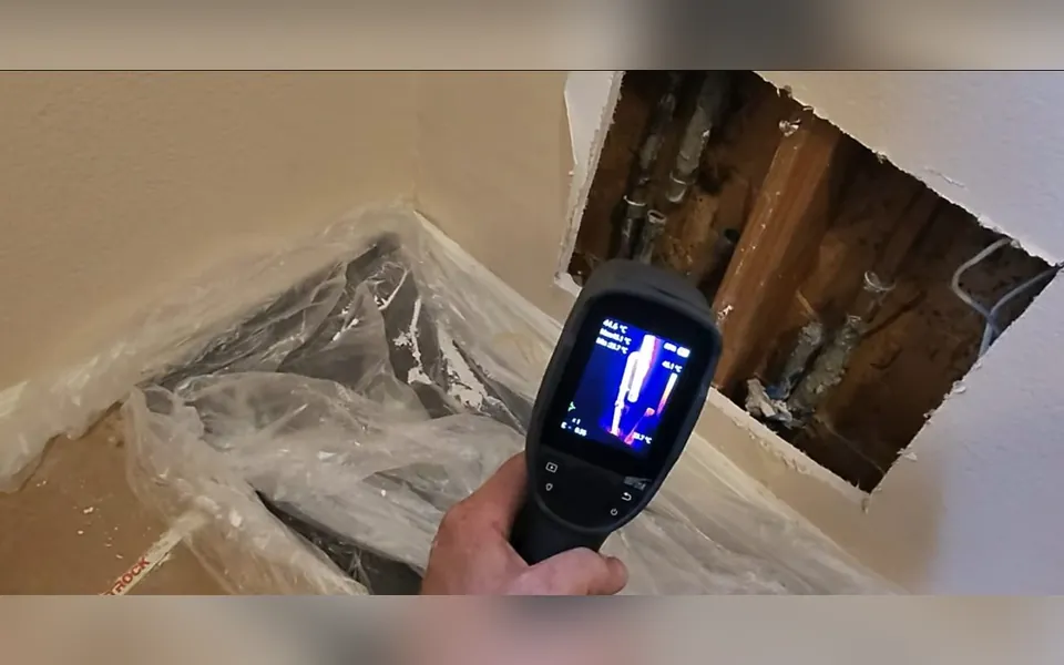 Thermal imaging camera aimed at an opened wall for slab leak detection what to expect in Laguna Niguel