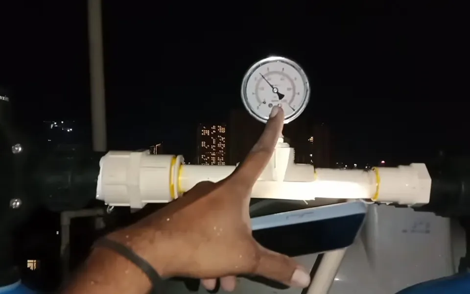 Pressure gauge mounted on a water treatment line for residential plumbing service in Beacon Hill, Laguna Niguel