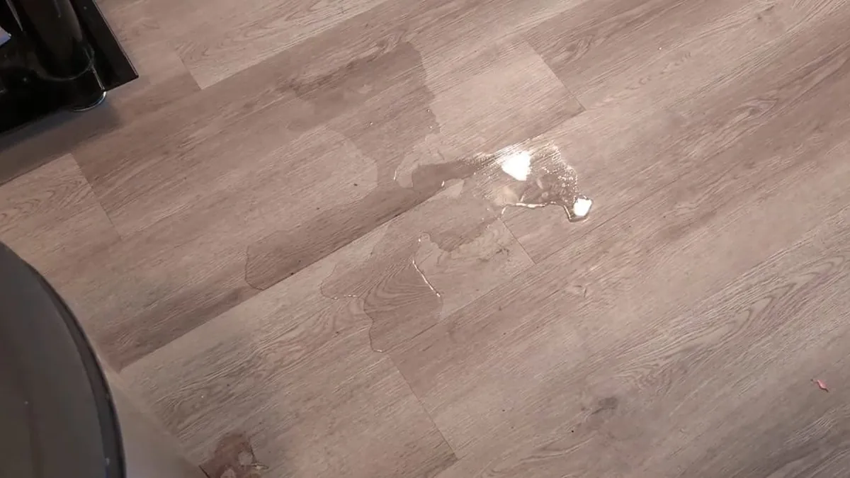 Water puddle spreading across a finished floor for residential plumbing service in Salt Creek, Laguna Niguel